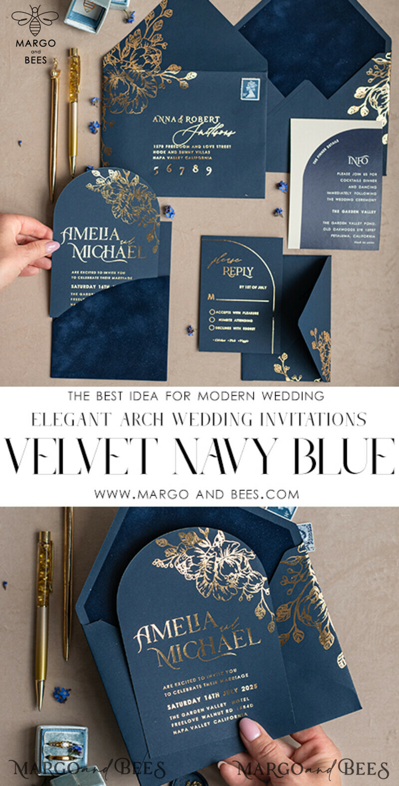 Elegant Arch Wedding Invitations: Navy Blue Velvet Pocket, Dark Blue and Gold Modern Wedding Invitation Suite-3