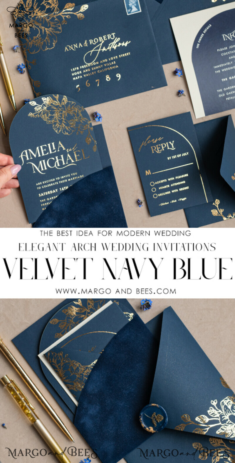 Elegant Arch Wedding Invitations: Navy Blue Velvet Pocket, Dark Blue and Gold Modern Wedding Invitation Suite-10