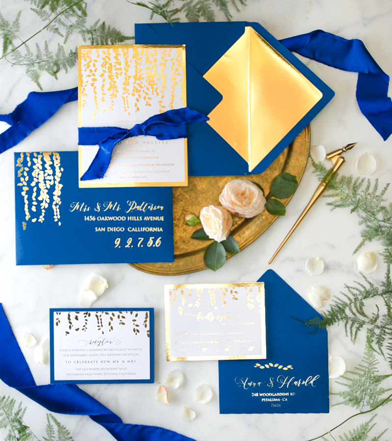Navy Blue Gold Wedding Invitations, Luxory Golden leaves Wedding Cards, Royal Blue Wedding Invites-1