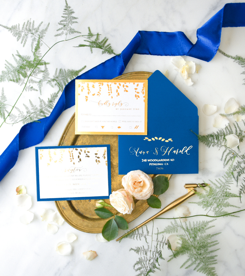 Navy Blue Gold Wedding Invitations, Luxory Golden leaves Wedding Cards, Royal Blue Wedding Invites-2