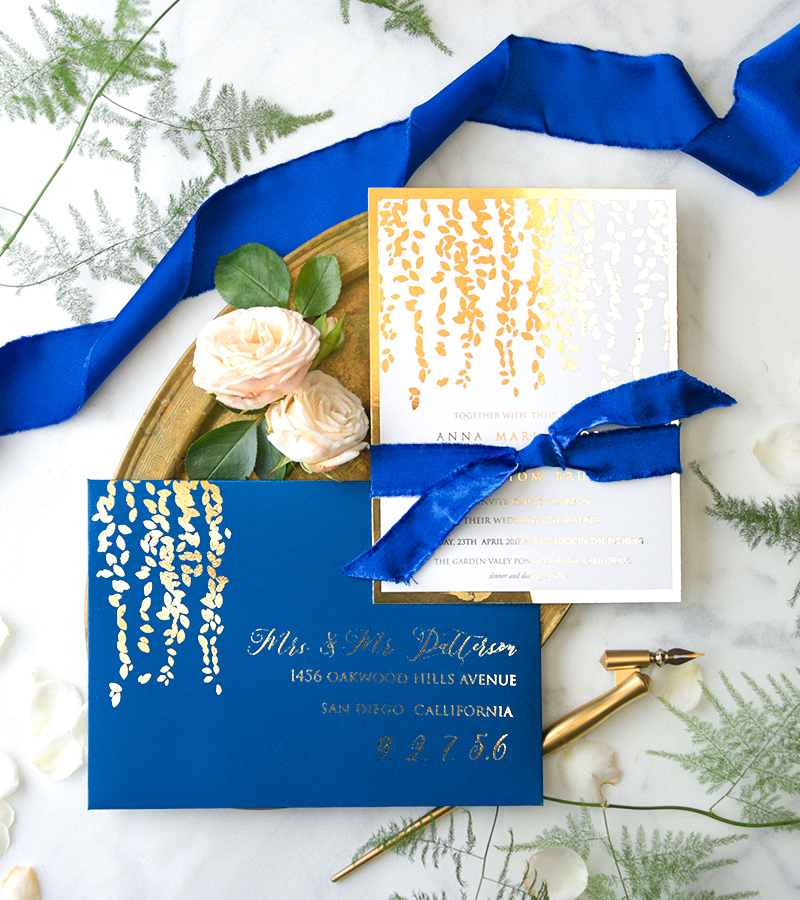 Navy Blue Gold Wedding Invitations, Luxory Golden leaves Wedding Cards, Royal Blue Wedding Invites-0