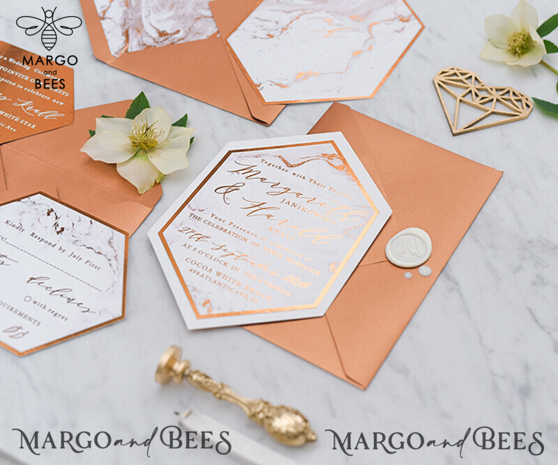 Exquisite Copper Marble Wedding Invitations with Glamour Glitter and Elegant Geometric Wedding Cards: Discover Our Bespoke Orange Wedding Stationery-1