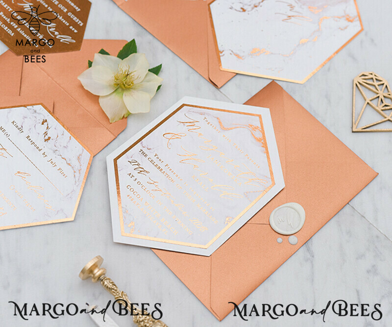 Exquisite Copper Marble Wedding Invitations with Glamour Glitter and Elegant Geometric Wedding Cards: Discover Our Bespoke Orange Wedding Stationery-2