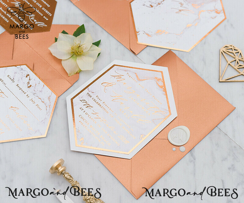 Bespoke Luxury Copper Marble Wedding Invitations with Glamour Glitter and Elegant Geometric Design-2