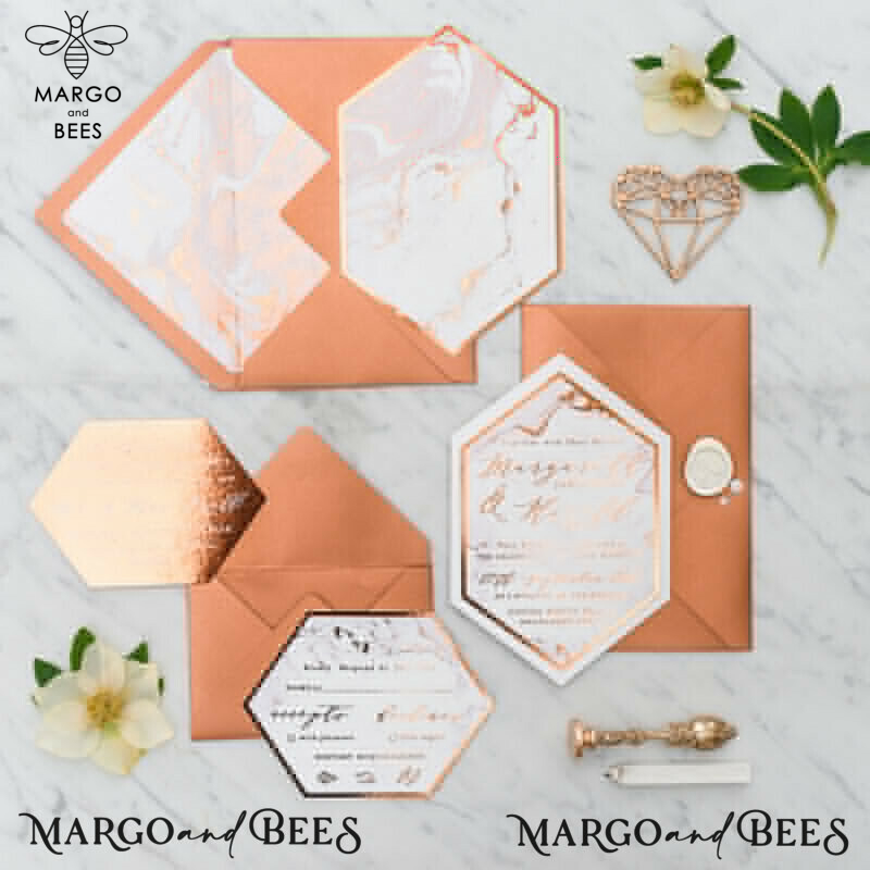 Exquisite Copper Marble Wedding Invitations with Glamour Glitter and Elegant Geometric Wedding Cards: Discover Our Bespoke Orange Wedding Stationery-3