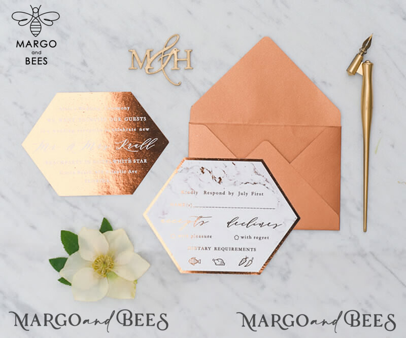 Exquisite Copper Marble Wedding Invitations with Glamour Glitter and Elegant Geometric Wedding Cards: Discover Our Bespoke Orange Wedding Stationery-6