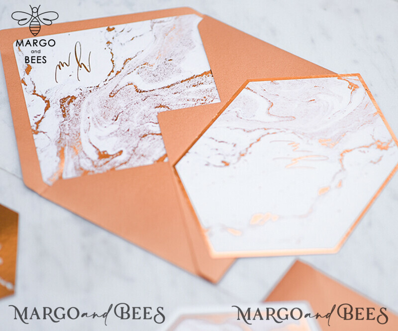 Luxury Copper Marble Wedding Invitations: Glamour Glitter, Elegant Geometric, Bespoke Orange Wedding Stationery-7