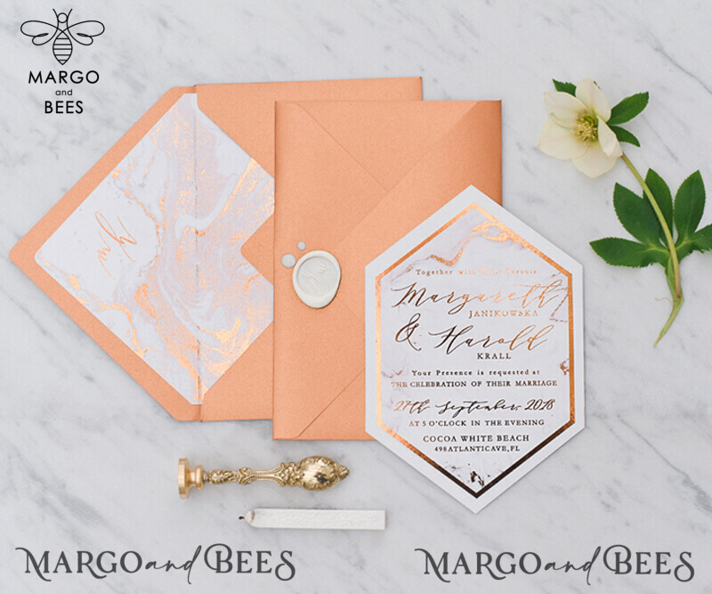 Exquisite Copper Marble Wedding Invitations with Glamour Glitter and Elegant Geometric Wedding Cards: Discover Our Bespoke Orange Wedding Stationery-0