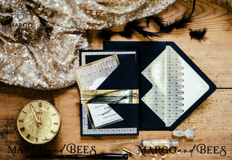 Elegant Art Deco Wedding invitations , Art Novou Great Gatsby Wedding stationery, Black and Gold Wedding Invites-1