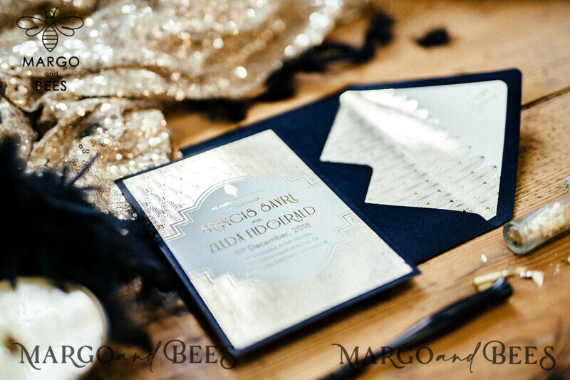 Luxury Golden Shine Wedding Invitations: Glamour and Elegance Combined

Glamour Gold Foil Wedding Invites: Adding a Touch of Opulence to Your Special Day

Elegant Royal Navy Wedding Cards: A Regal Invitation for a Majestic Celebration

Bespoke Great Gatsby Wedding Invitation Suite: Channeling the Roaring Twenties in Style-12