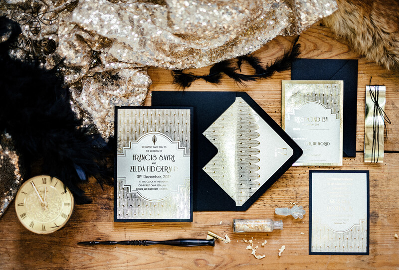 Luxury Golden Shine Wedding Invitations: Glamour Gold Foil Wedding Invites for an Elegant Royal Navy Wedding. Create your Bespoke Great Gatsby Wedding Invitation Suite.-13