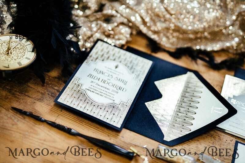 Luxury Golden Shine Wedding Invitations, Glamour Gold Foil Wedding Invites, Elegant Royal Navy Wedding Cards, Bespoke Great Gatsby Wedding Invitation Suite-15