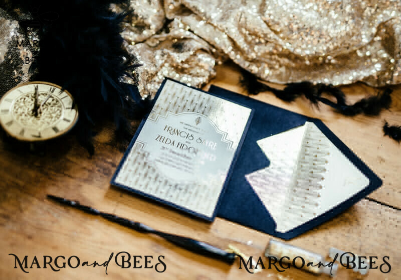 Luxury Golden Shine Wedding Invitations: Glamour Gold Foil Wedding Invites for an Elegant Royal Navy Wedding. Create your Bespoke Great Gatsby Wedding Invitation Suite.-5