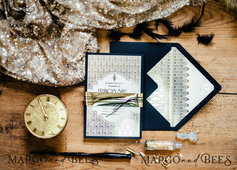Elegant Art Deco Wedding invitations , Art Novou Great Gatsby Wedding stationery, Black and Gold Wedding Invites-0