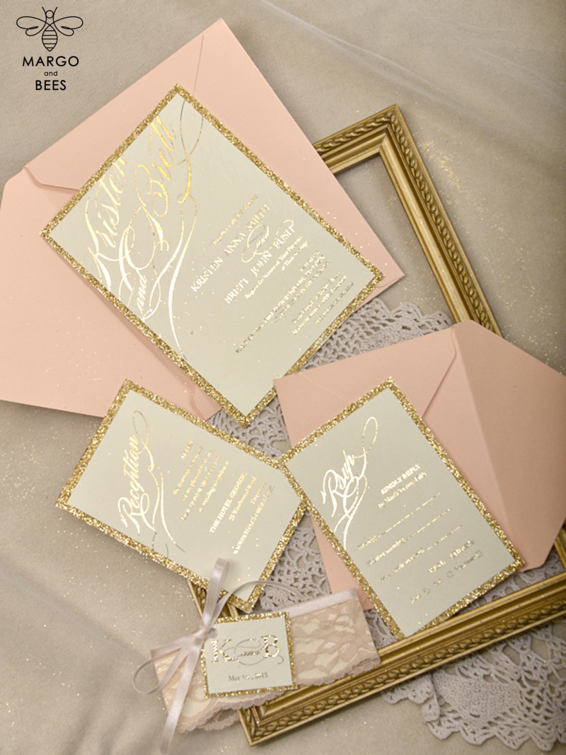 Glitter Luxory Golden Wedding Ivitations, Elegant Wedding Invites , Silver Lace wedding Cards,-5