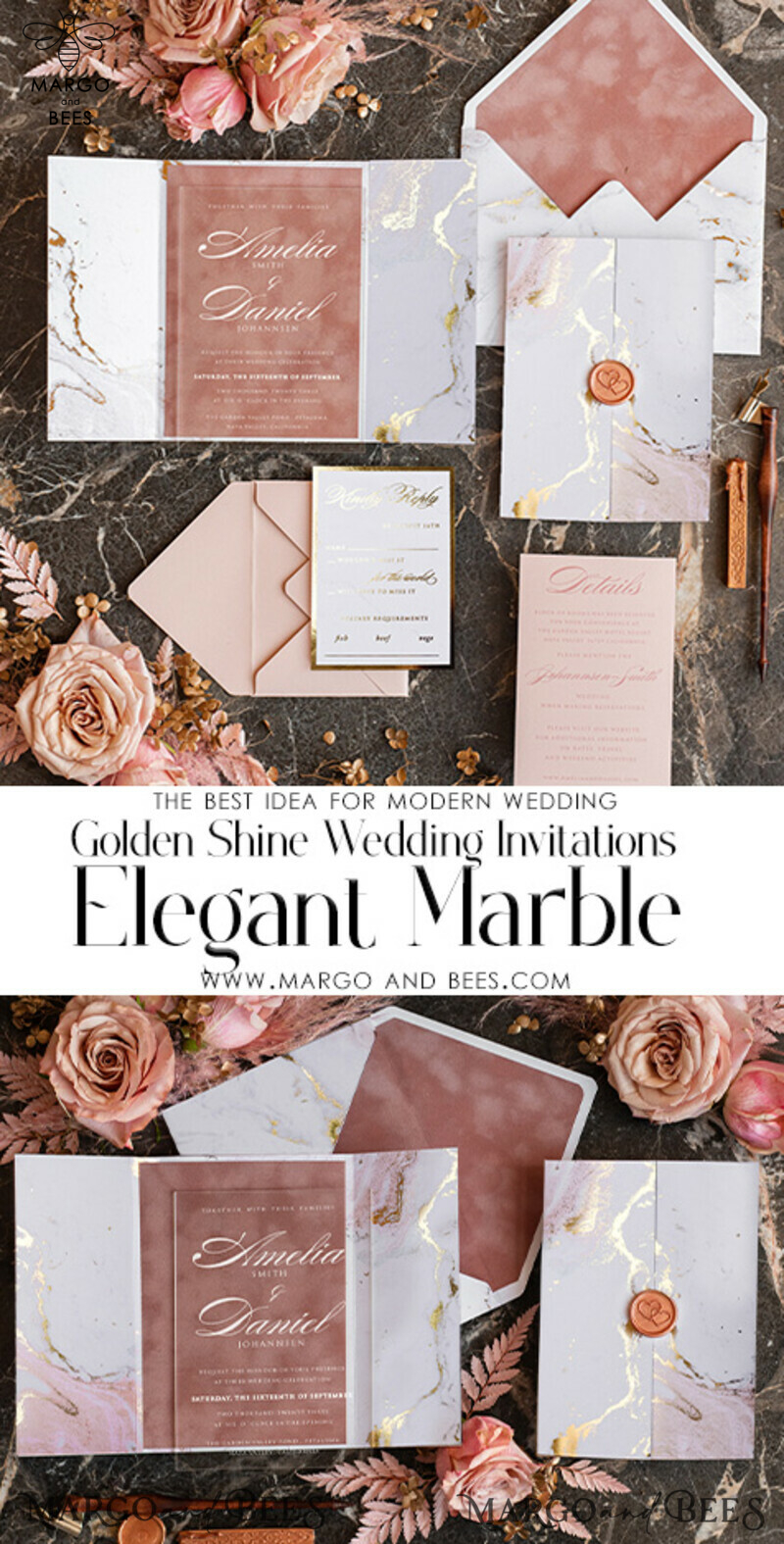 Luxury Marble Acrylic Wedding Invitations: Glamour Blush Pink Velvet & Golden Marble Stationery-3