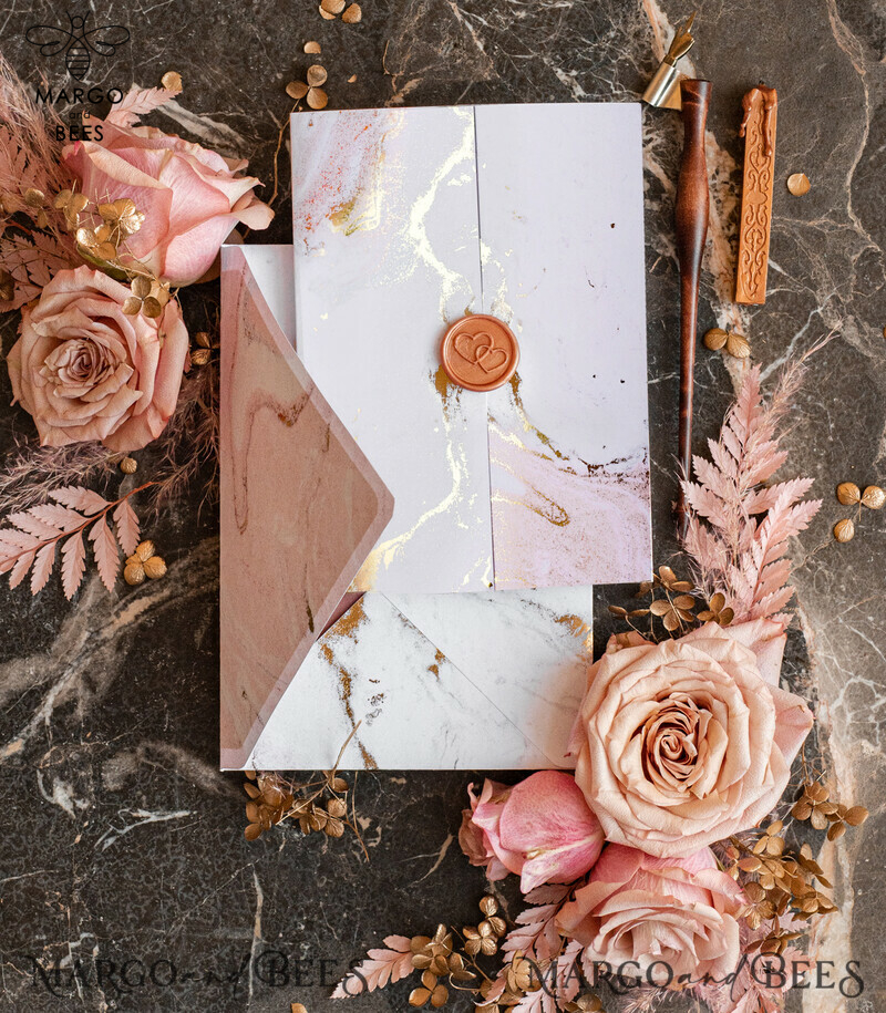 Luxury Marble Acrylic Wedding Invitations: Glamour Blush Pink Velvet & Golden Marble Stationery-7