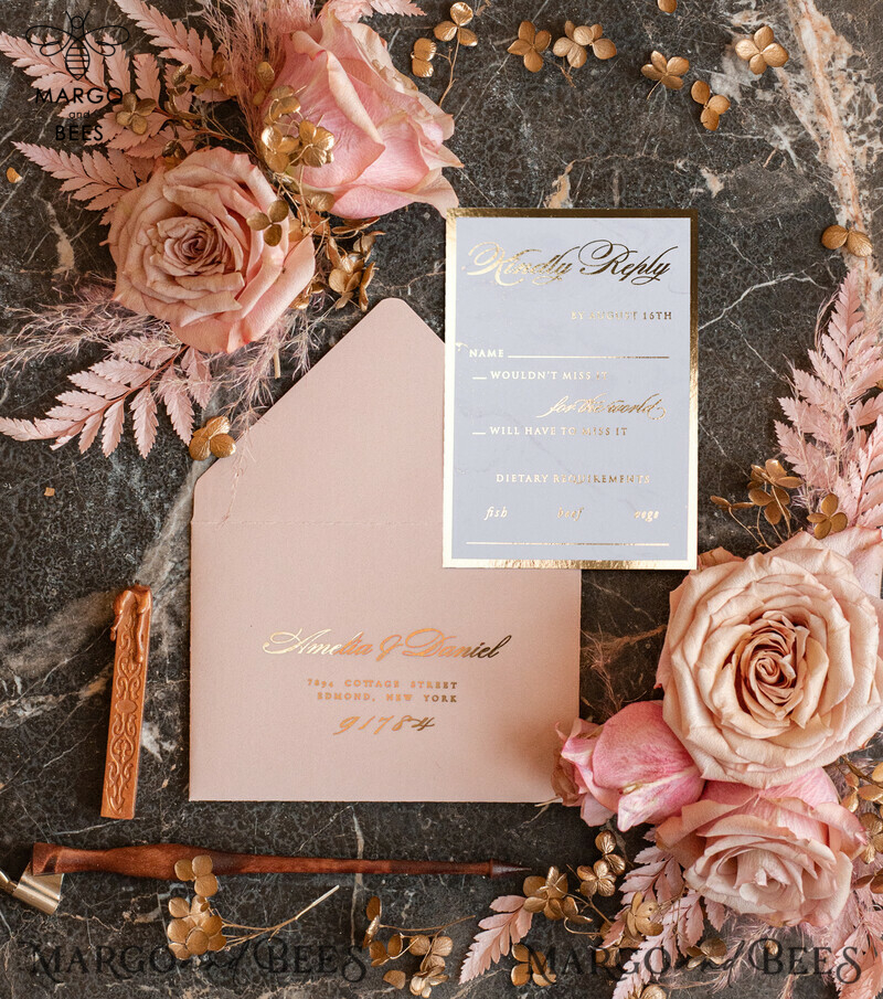 Luxury Marble Acrylic Wedding Invitations: Glamour Blush Pink Velvet & Golden Marble Stationery-13