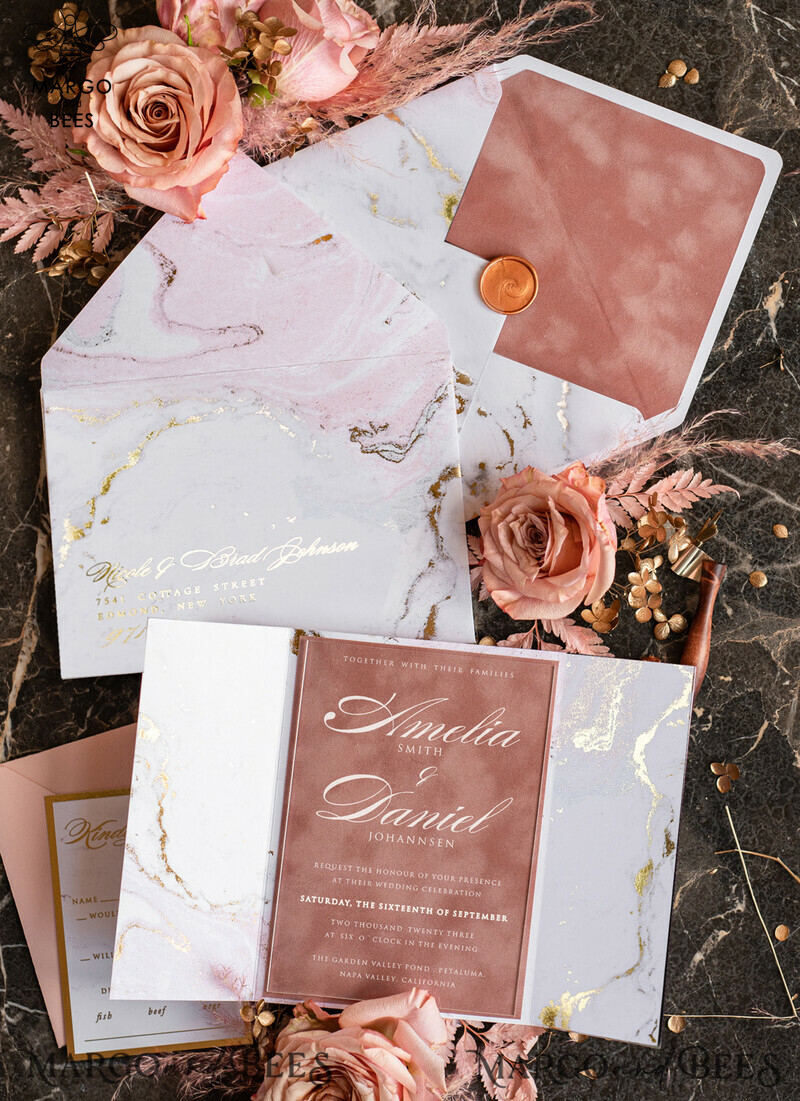 Luxury Marble Acrylic Wedding Invitations: Glamour Blush Pink Velvet & Golden Marble Stationery-1