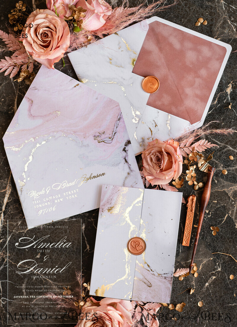 Luxury Marble Acrylic Wedding Invitations: Glamour Blush Pink Velvet & Golden Marble Stationery-8