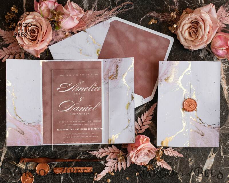 Luxury Marble Acrylic Wedding Invitations: Glamour Blush Pink Velvet & Golden Marble Stationery-9