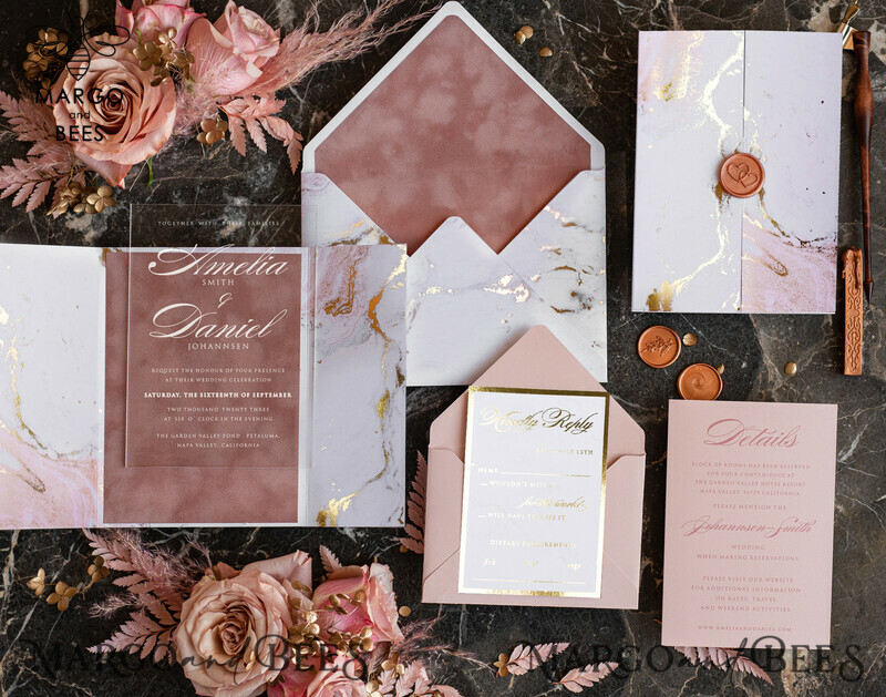 Luxury Marble Acrylic Wedding Invitations: Glamour Blush Pink Velvet & Golden Marble Stationery-10