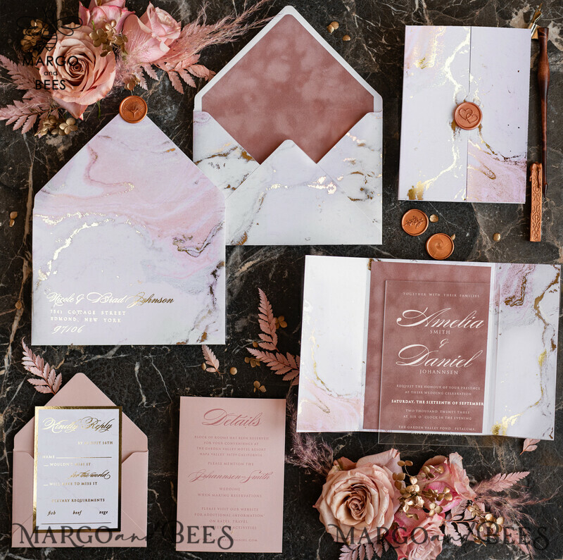 Luxury Marble Acrylic Wedding Invitations: Glamour Blush Pink Velvet & Golden Marble Stationery-5