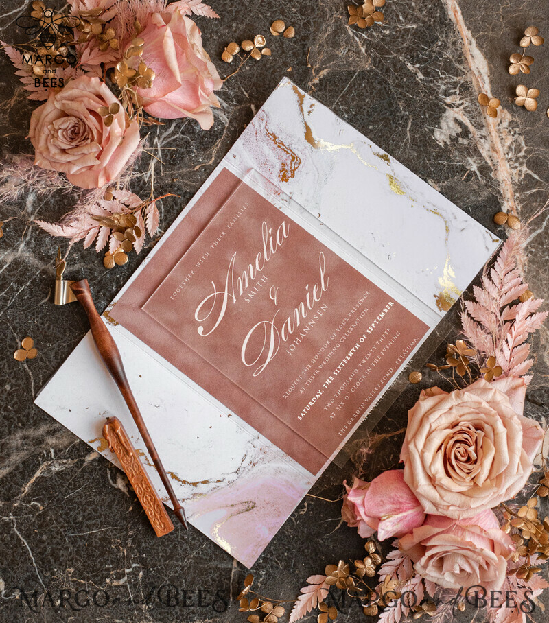 Luxury Marble Acrylic Wedding Invitations: Glamour Blush Pink Velvet & Golden Marble Stationery-4