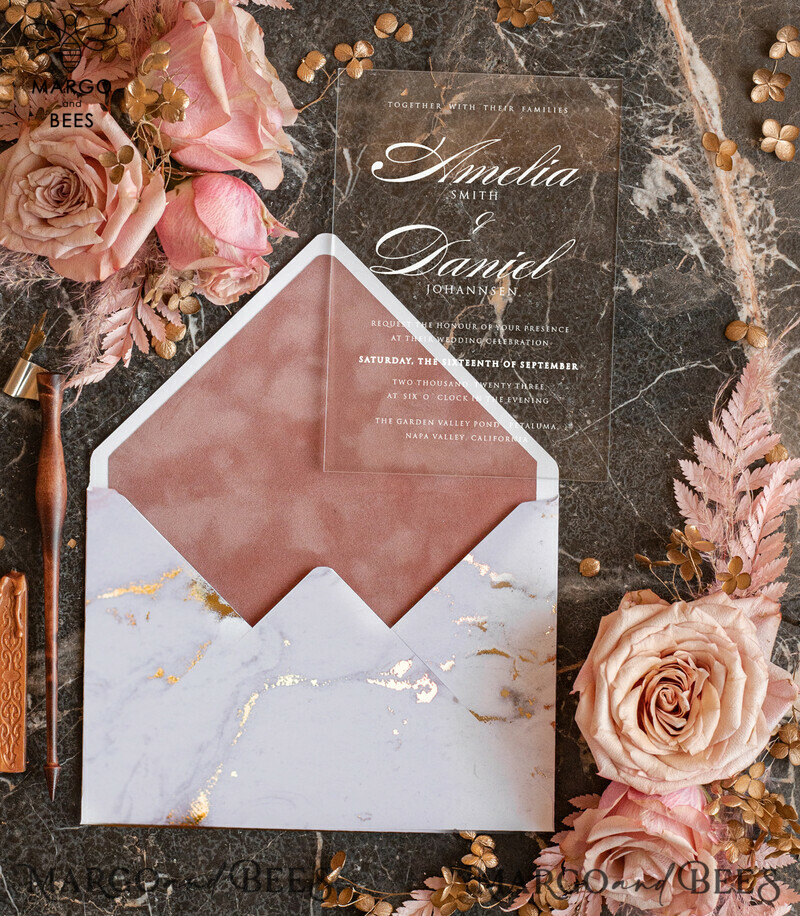 Luxury Marble Acrylic Wedding Invitations: Glamour Blush Pink Velvet & Golden Marble Stationery-15
