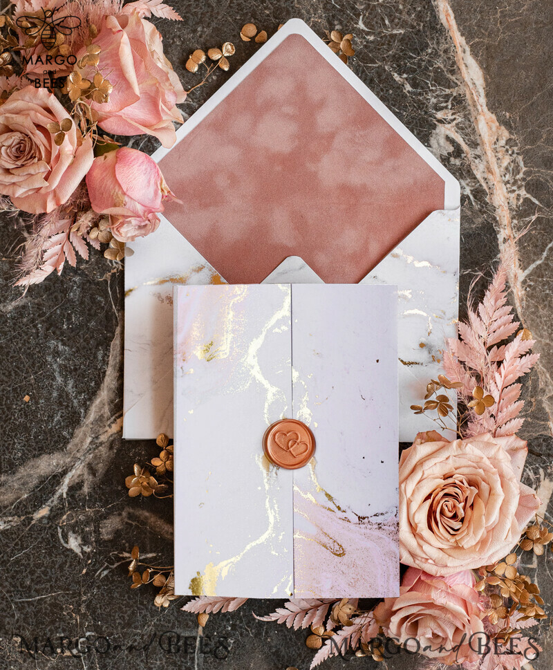 Luxury Marble Acrylic Wedding Invitations: Glamour Blush Pink Velvet & Golden Marble Stationery-11