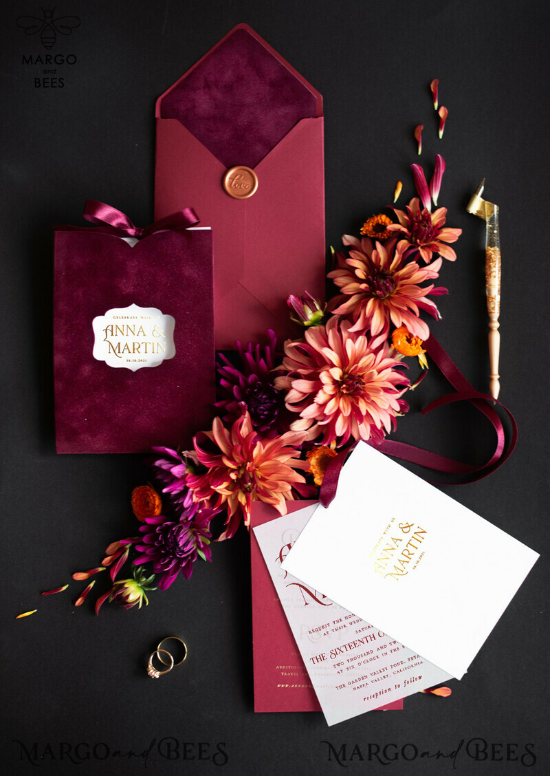 Elegant Romance: Red Velvet and Gold Foil Wedding Invitations with a Touch of Arabic Glamour-1