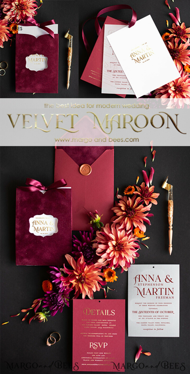 Romantic Red Velvet Wedding Invitations, Luxury Gold Foil Wedding Cards, Bespoke Burgundy Pocket Wedding Invites, Glamour Arabic Wedding Invitation Suite-12