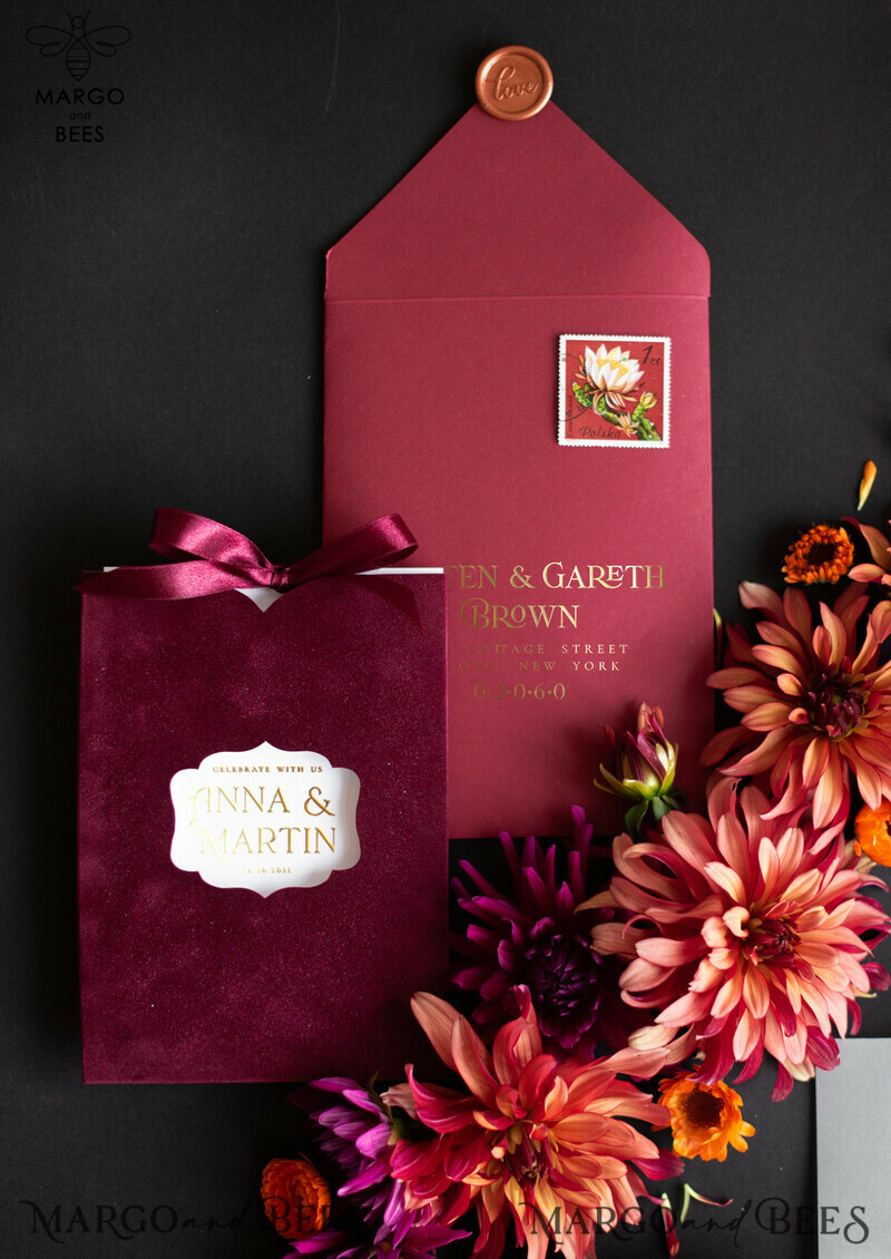 Elegant Romance: Red Velvet and Gold Foil Wedding Invitations with a Touch of Arabic Glamour-2