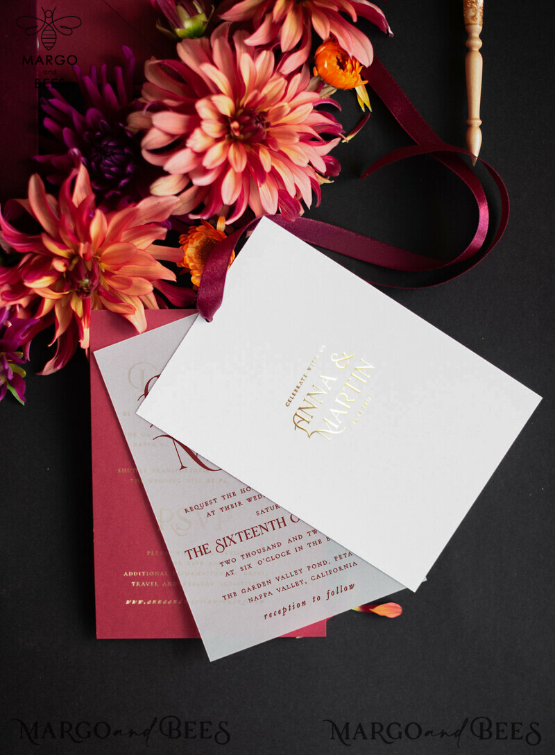 Elegant Romance: Red Velvet and Gold Foil Wedding Invitations with a Touch of Arabic Glamour-3