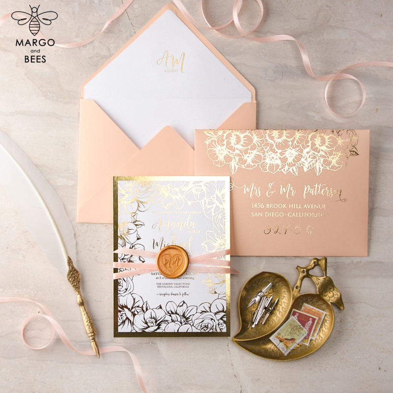 Modern Wedding invitations , glamour peach and Gold Wedding Cards, Indian Peach stationery  -1