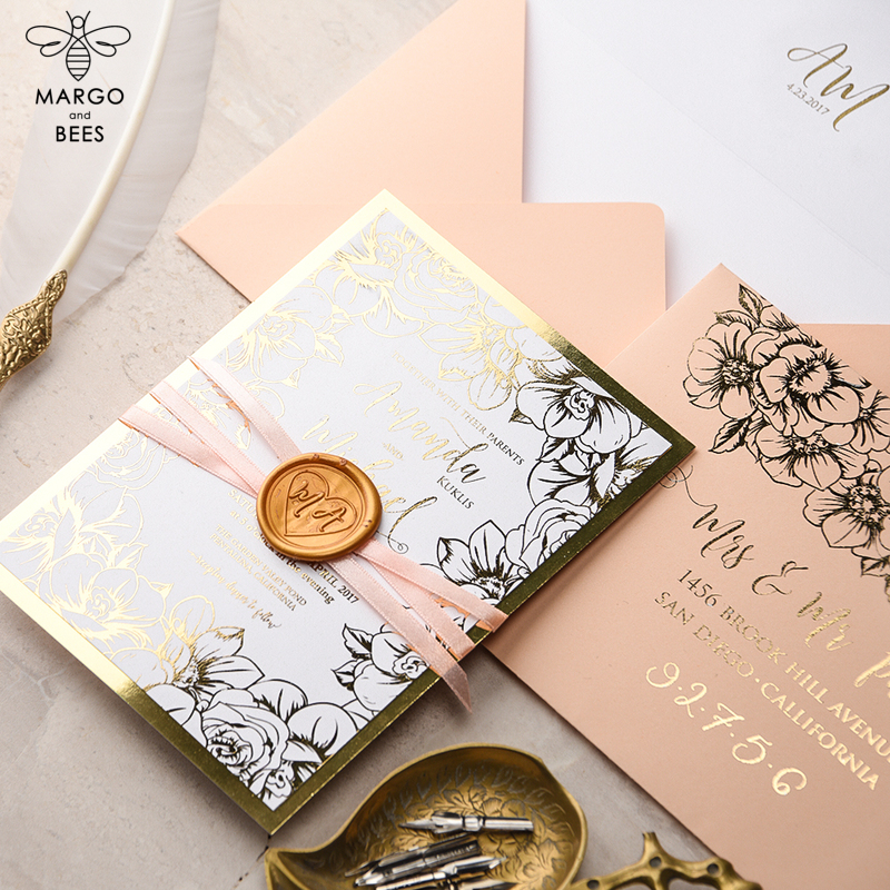Modern Wedding invitations , glamour peach and Gold Wedding Cards, Indian Peach stationery  -2