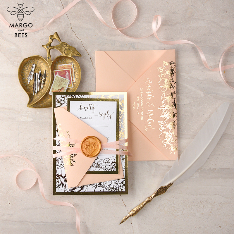 Modern Wedding invitations , glamour peach and Gold Wedding Cards, Indian Peach stationery  -3
