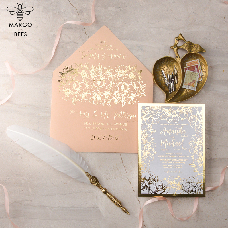 Modern Wedding invitations , glamour peach and Gold Wedding Cards, Indian Peach stationery  -6