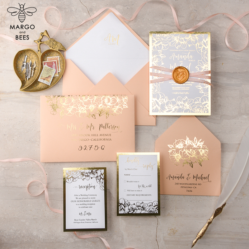 Modern Wedding invitations , glamour peach and Gold Wedding Cards, Indian Peach stationery  -0