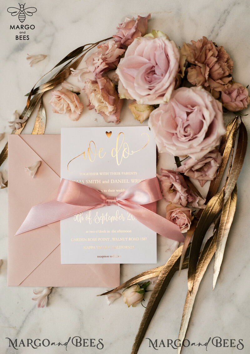 Affordable wedding invitations , Elegant wedding Invitation Suite with  Pink Bow , Blush Floral Wedding Cards-1