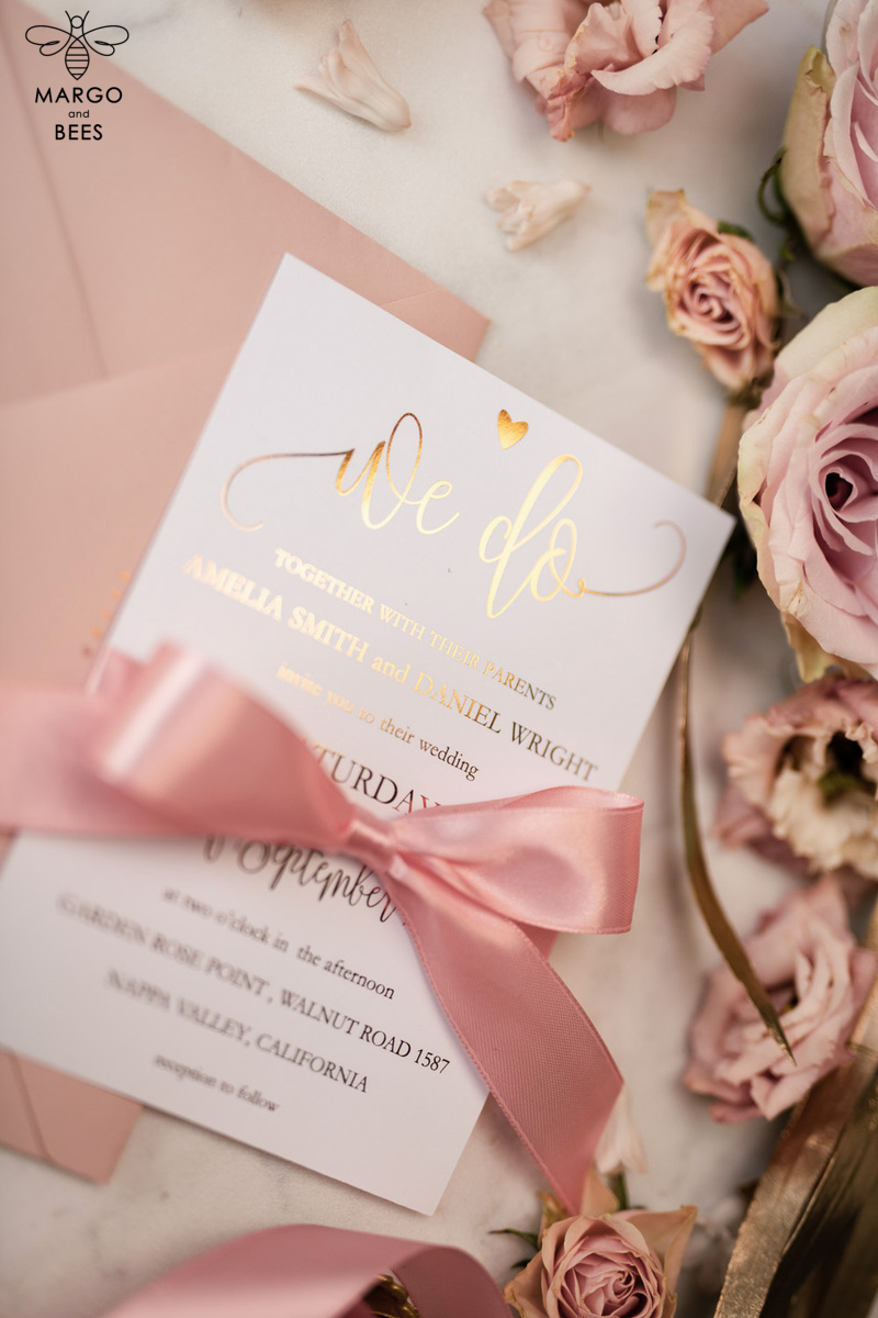  Elegant Blush Pink Wedding Invitation Suite, Romantic Golden Shine Wedding Cards, Luxurious Floral Wedding Stationery, Affordable Wedding Invites-10