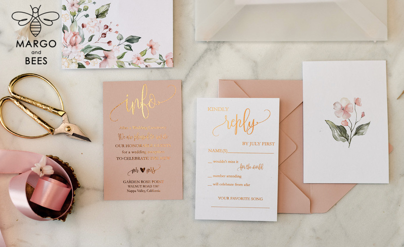  Elegant Blush Pink Wedding Invitation Suite, Romantic Golden Shine Wedding Cards, Luxurious Floral Wedding Stationery, Affordable Wedding Invites-11