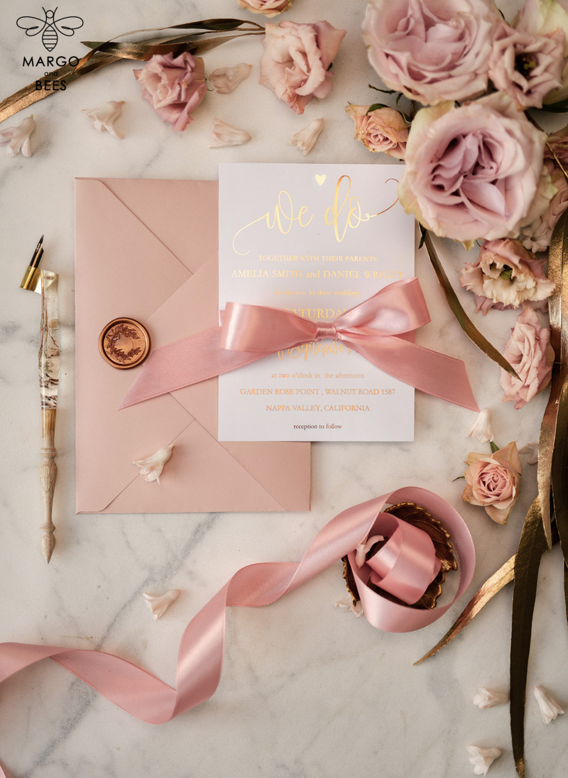  Elegant Blush Pink Wedding Invitation Suite, Romantic Golden Shine Wedding Cards, Luxurious Floral Wedding Stationery, Affordable Wedding Invites-12