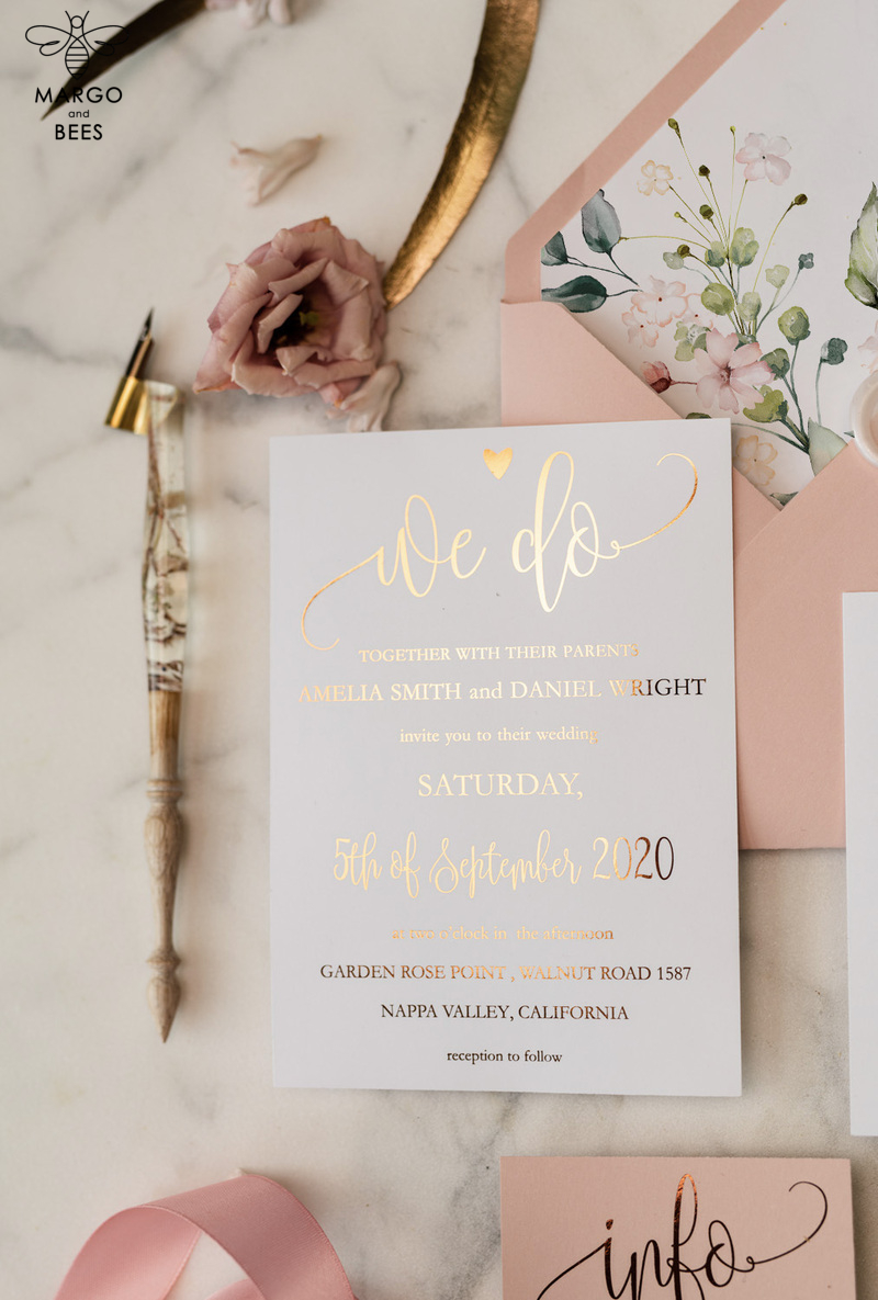  Elegant Blush Pink Wedding Invitation Suite, Romantic Golden Shine Wedding Cards, Luxurious Floral Wedding Stationery, Affordable Wedding Invites-13