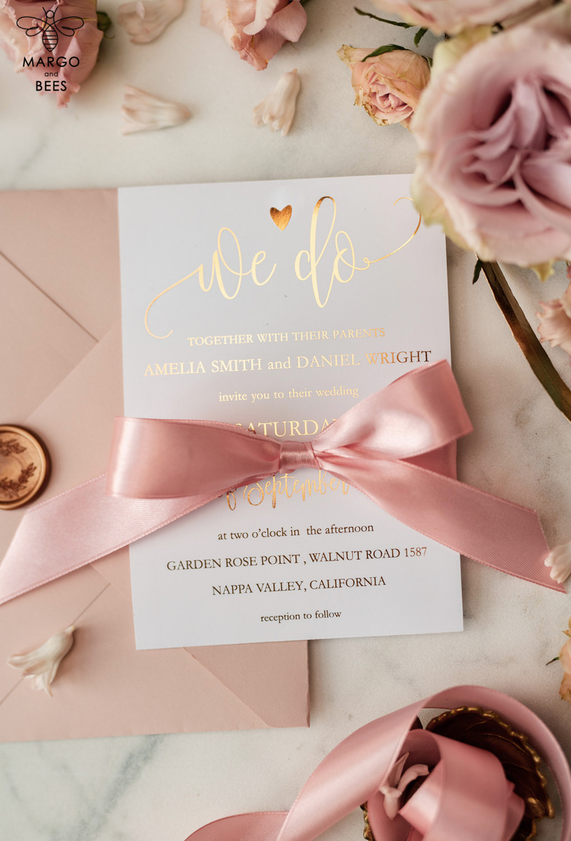  Elegant Blush Pink Wedding Invitation Suite, Romantic Golden Shine Wedding Cards, Luxurious Floral Wedding Stationery, Affordable Wedding Invites-14