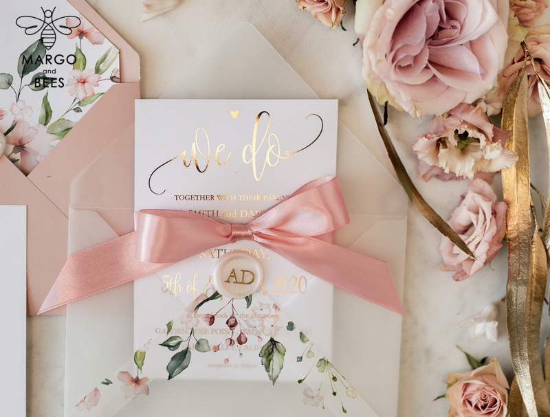 Affordable wedding invitations , Elegant wedding Invitation Suite with  Pink Bow , Blush Floral Wedding Cards-16