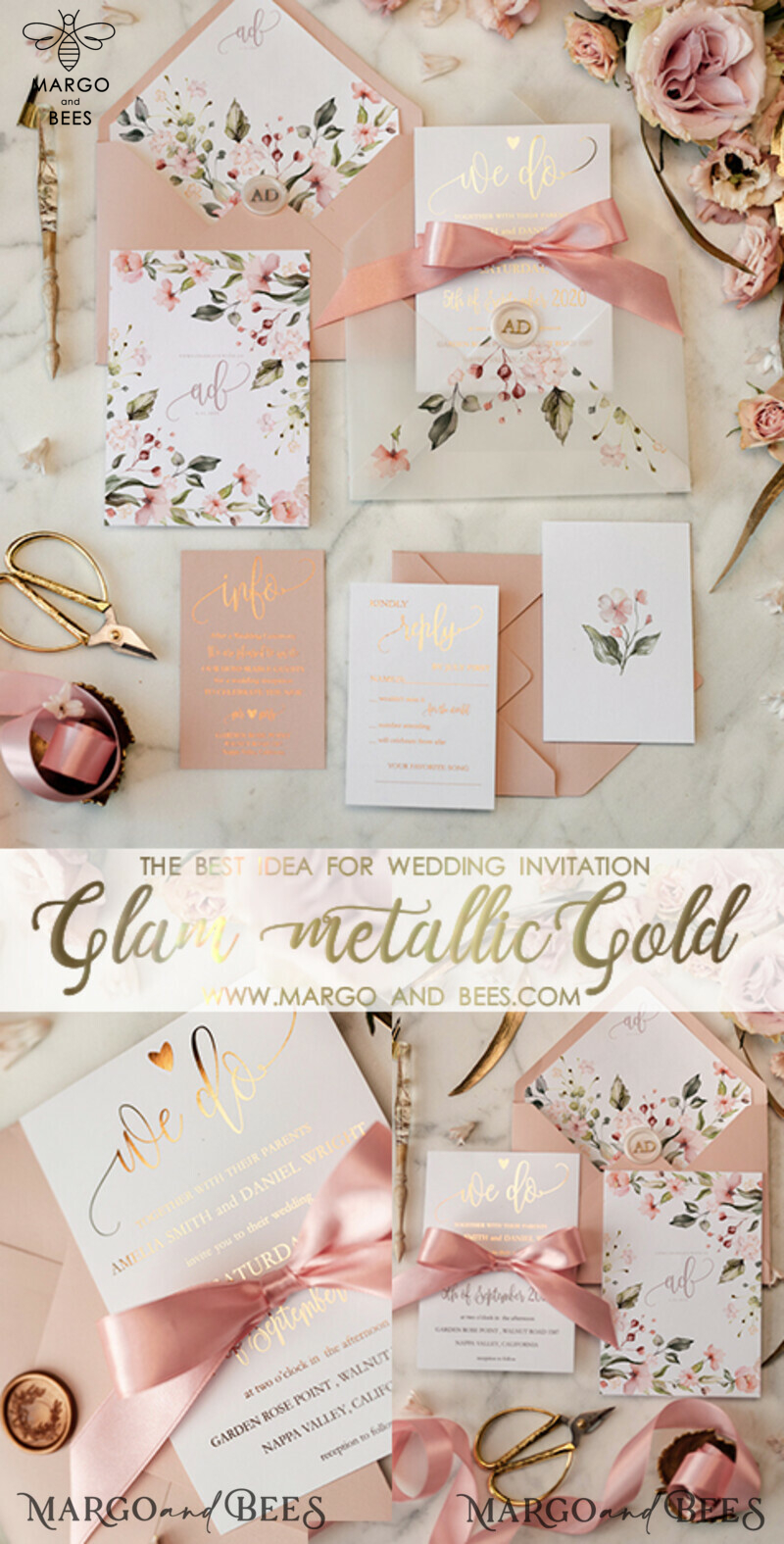 Affordable wedding invitations , Elegant wedding Invitation Suite with  Pink Bow , Blush Floral Wedding Cards-2