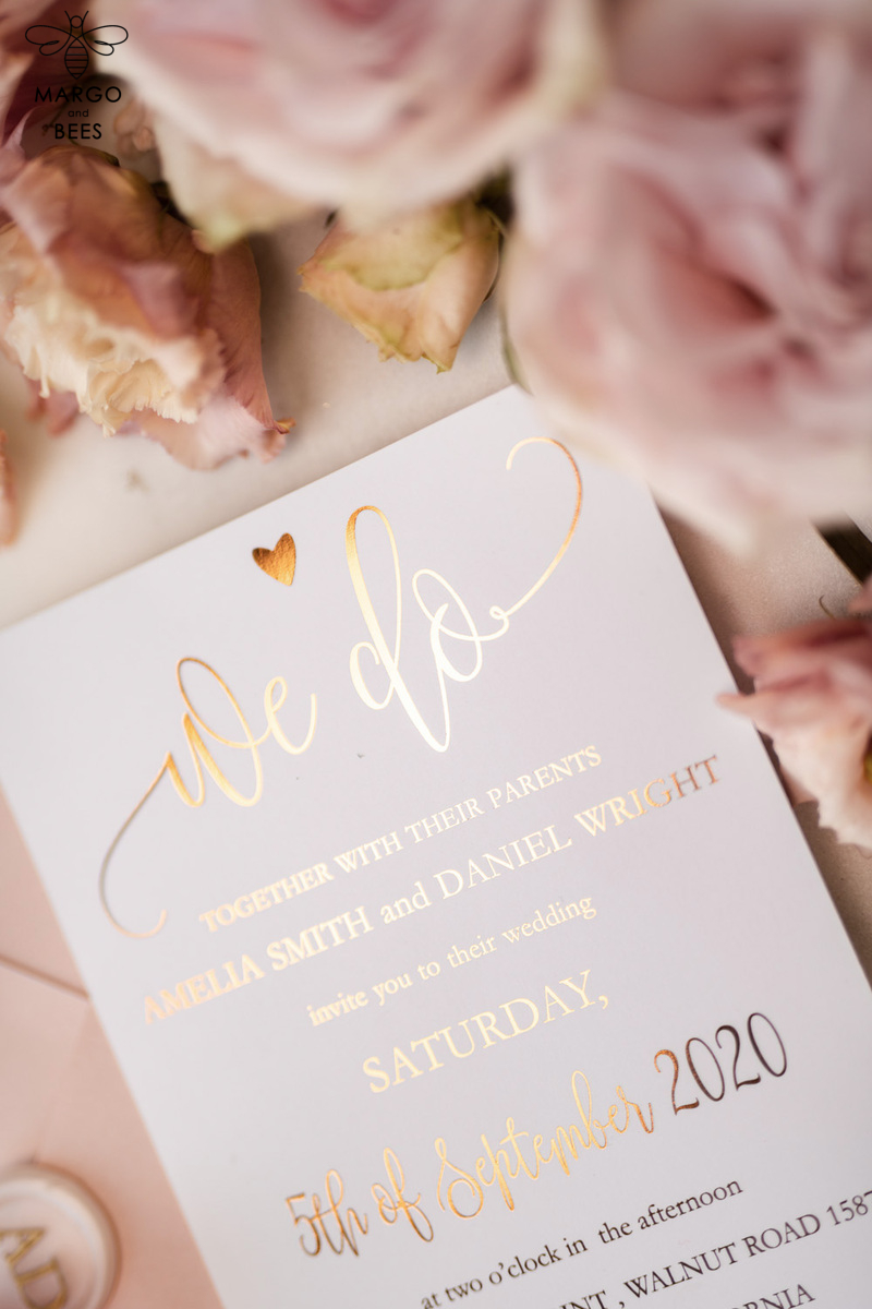  Elegant Blush Pink Wedding Invitation Suite, Romantic Golden Shine Wedding Cards, Luxurious Floral Wedding Stationery, Affordable Wedding Invites-2