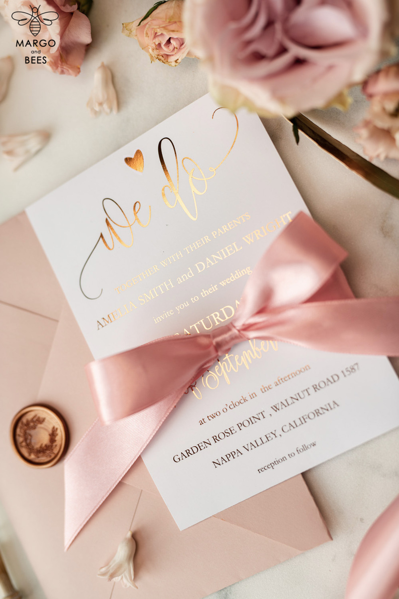  Elegant Blush Pink Wedding Invitation Suite, Romantic Golden Shine Wedding Cards, Luxurious Floral Wedding Stationery, Affordable Wedding Invites-3
