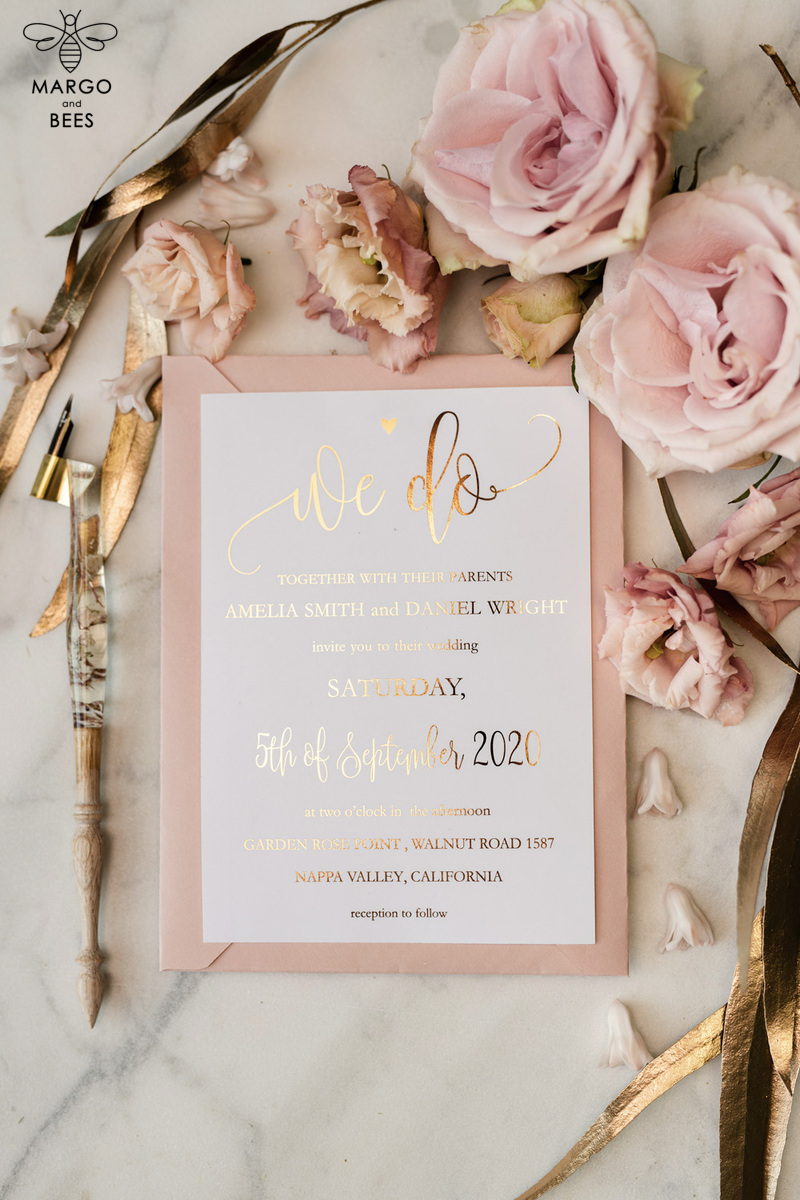  Elegant Blush Pink Wedding Invitation Suite, Romantic Golden Shine Wedding Cards, Luxurious Floral Wedding Stationery, Affordable Wedding Invites-4